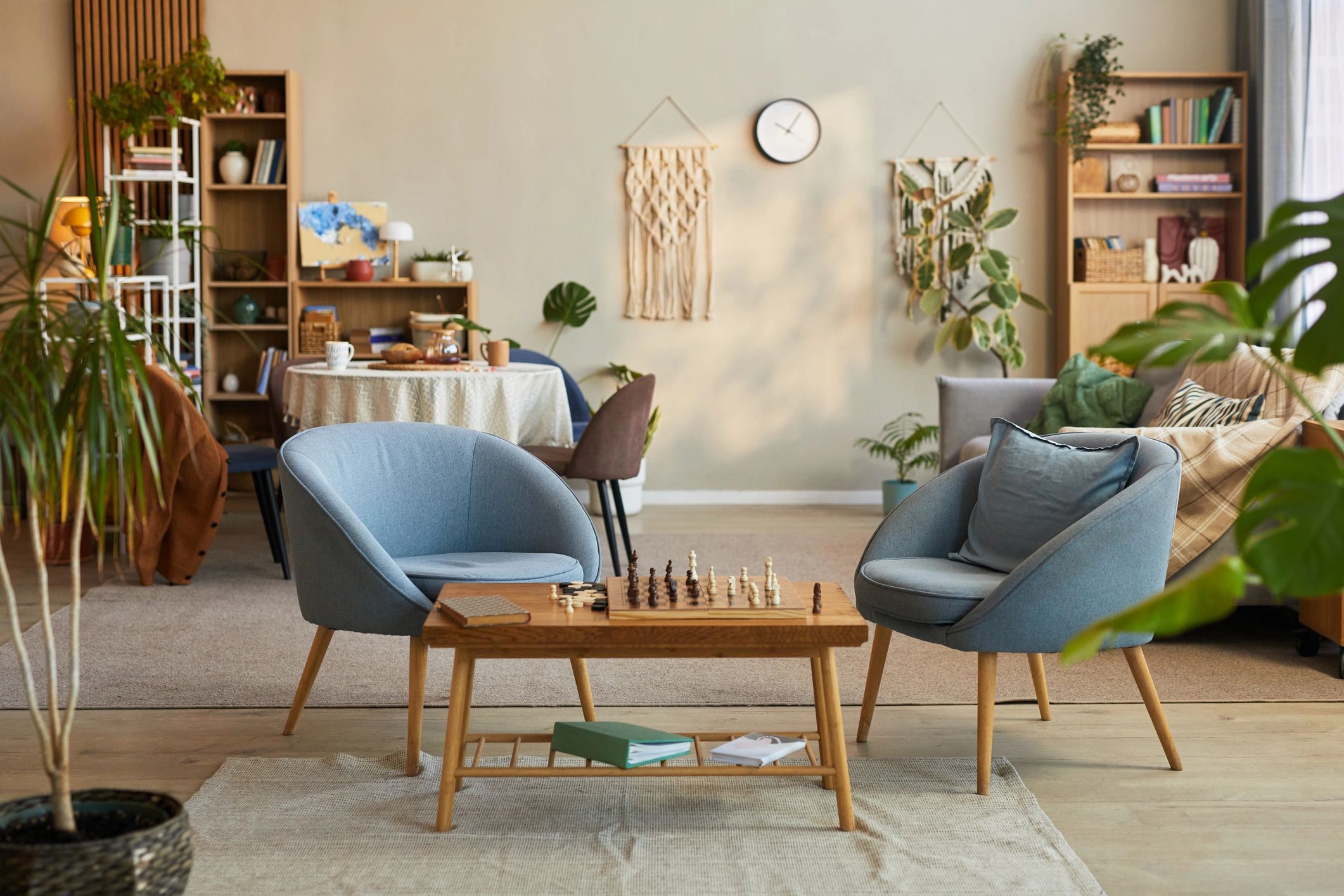 Warm furniture showroom with natural textures and inviting seating area